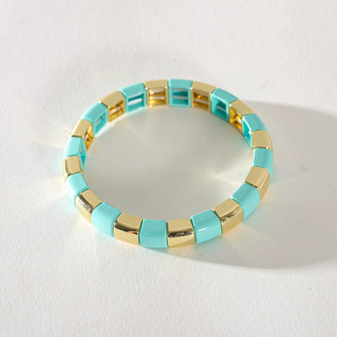 Gold Enamel Stacking Bracelet - Stripe Rounded Aqua / Gold