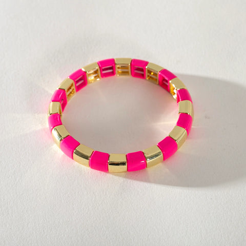 Gold Enamel Stacking Bracelet - Stripe Rounded Hot Pink / Gold