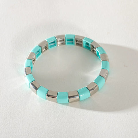 Silver Enamel Stacking Bracelet - Stripe Rounded Aqua /Silver