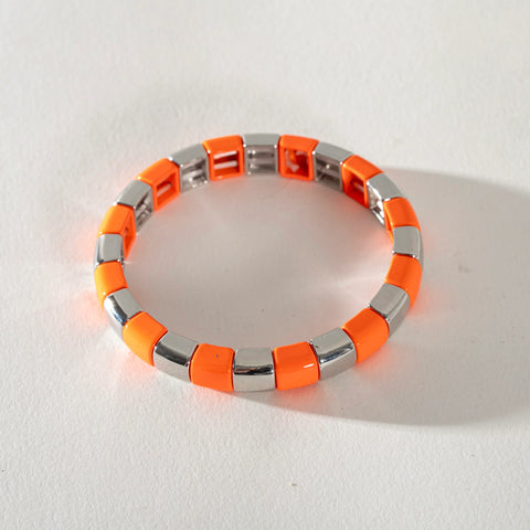 Silver Enamel Stacking Bracelet - Stripe Rounded Orange /Silver