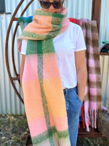 Charlie Checker Winter Scarf - Pink, Coral/Green