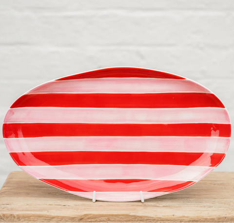 Small Oval Platter - Pink & Red stripe