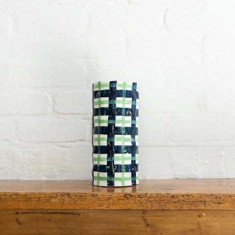 LARGE NAVY AND MINT GREEN GINGHAM VASE