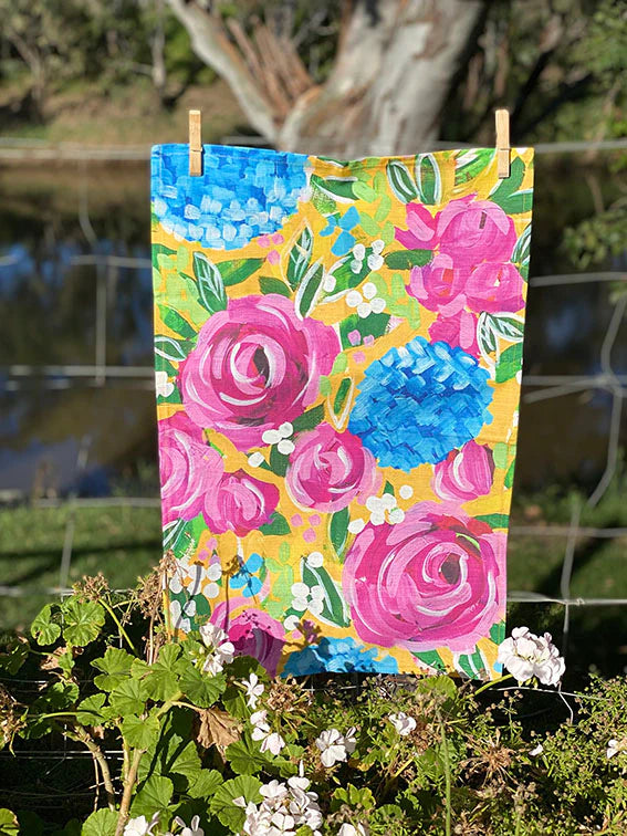 Yellow Rose & Hydrangea Mural Tea Towel