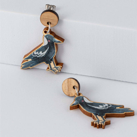 Stray Leaves - Magpie Australian Bird wooden earrings