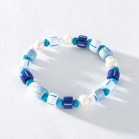 Freshwater Pearl & Colourful Enamel Bead Bracelet - Blue