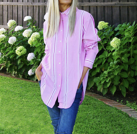 Harriot - Curved Hem Pink Shebert Cotton Poplin Shirt
