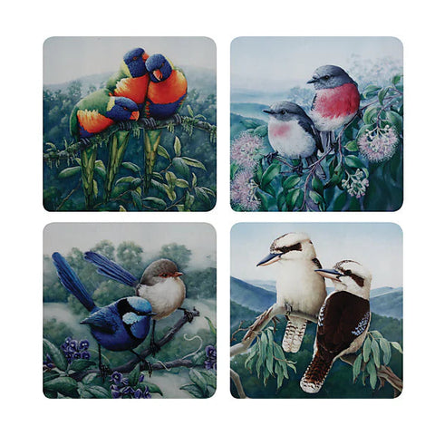 10yr Anniversary Birds of Australia Cork Back Coaster Set/4 Gift Boxed