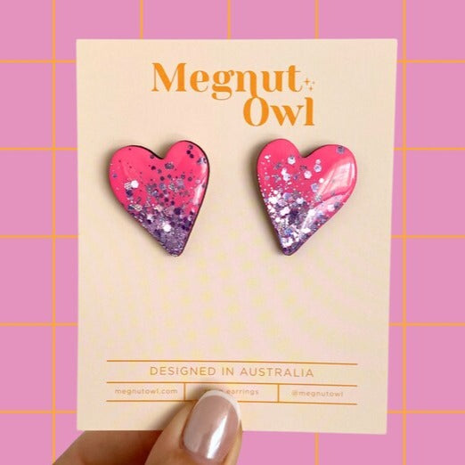 30mm Heart Studs in Neon Pink + Holo Lavender