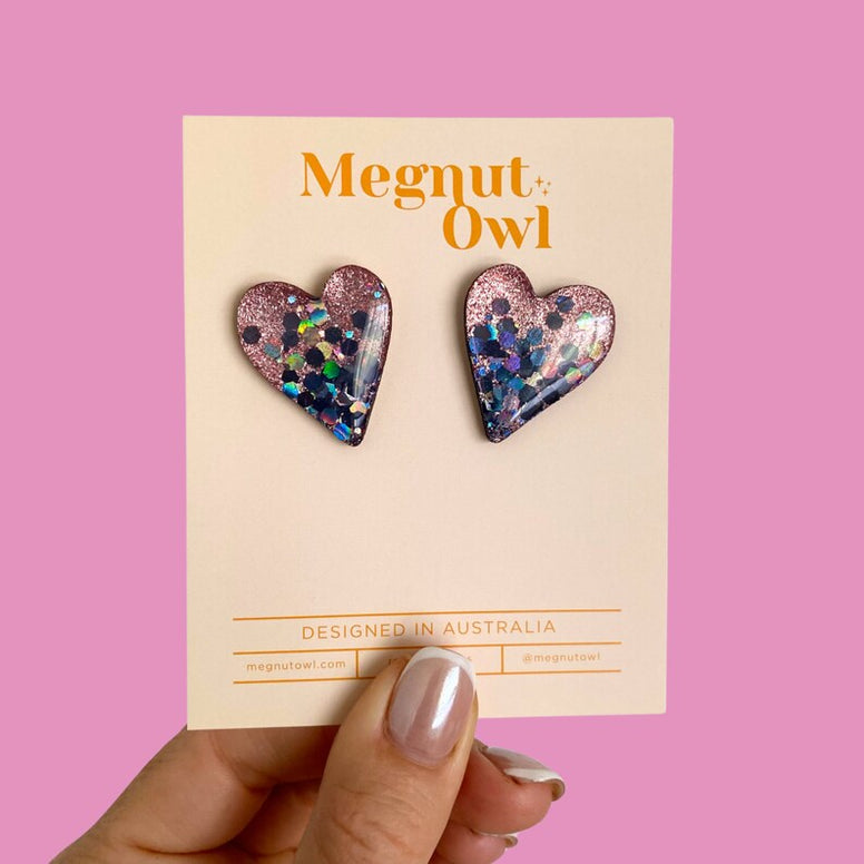 30mm Heart Studs in Metallic Rose Gold + Holo Stormy Grey