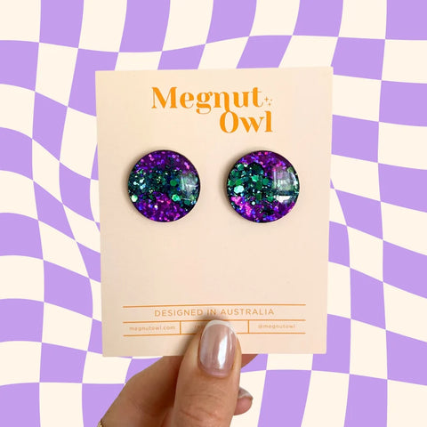 25mm Geode Studs in Holo Violet + Ocean Sparkle