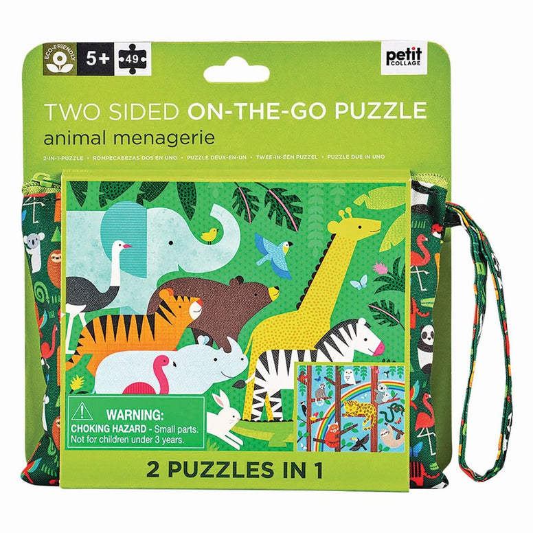 PETIT COLLAGE ANIMAL MENAGERIE TWO-SIDED ON-THE-GO PUZZLE GREEN 35.5X29.0.6CM