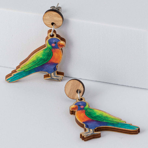 Stray Leaves - Rainbow Lorikeet Australian Bird wooden earrings