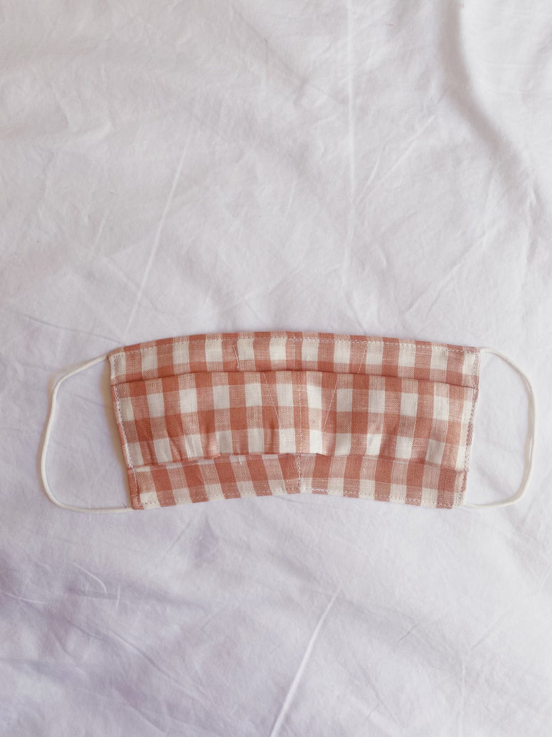 ADULT FACE MASK // Linen Pink + White Check // Linen outer, Soft cotton mask.