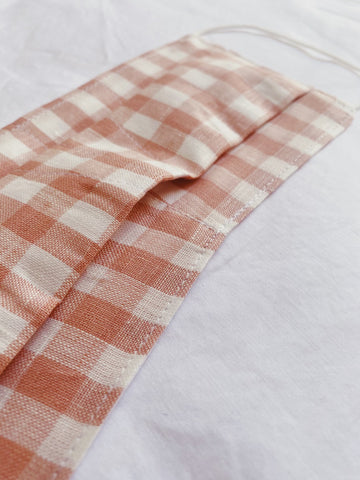 ADULT FACE MASK // Linen Pink + White Check // Linen outer, Soft cotton mask.