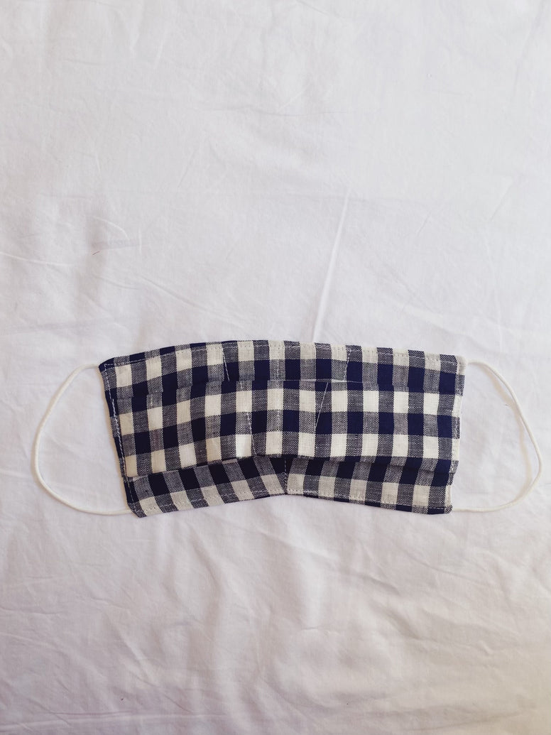 ADULT FACE MASK // Linen Navy + White Check // Linen outer, Soft cotton mask.